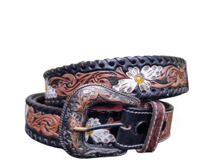Hand Tooled Leather Western Belt: White Daisy Floral Design