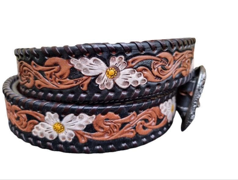 Hand Tooled Leather Western Belt: White Daisy Floral Design