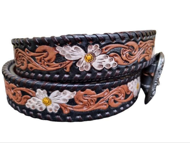 Hand Tooled Leather Western Belt: White Daisy Floral Design