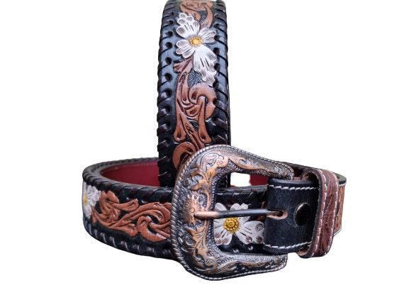 Hand Tooled Leather Western Belt: White Daisy Floral Design