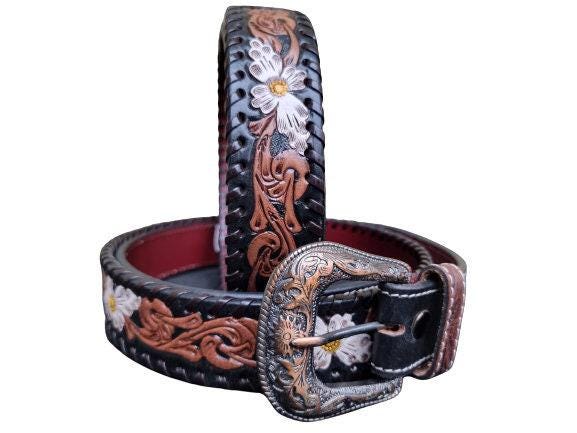 Hand Tooled Leather Western Belt: White Daisy Floral Design