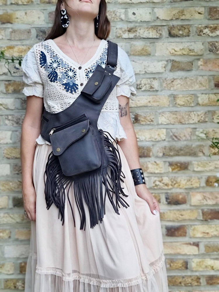 Boho chic women's leather bum bag with fringe tassel - hands-free fashion
