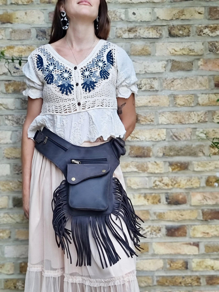 Boho chic women's leather bum bag with fringe tassel - hands-free fashion