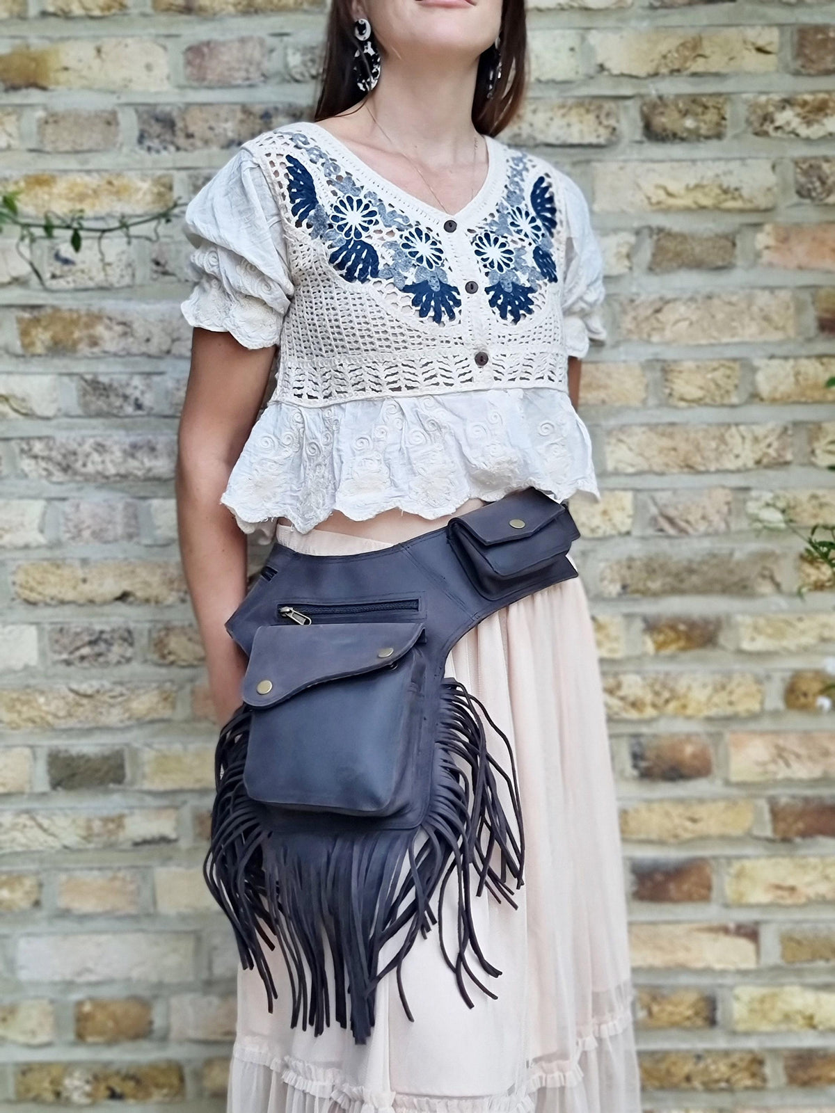 Boho chic women's leather bum bag with fringe tassel - hands-free fashion