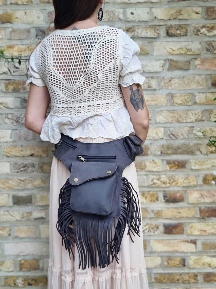 Boho chic women's leather bum bag with fringe tassel - hands-free fashion