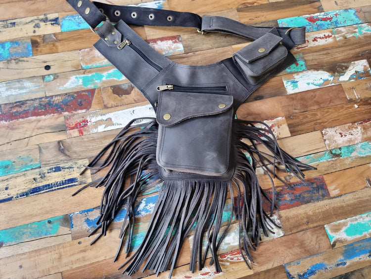 Boho chic women's leather bum bag with fringe tassel - hands-free fashion