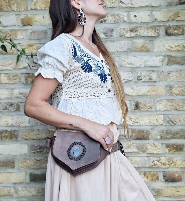 Leather Festival Bum Bag with Rock Crystal, Black Brown Boho Hippie Fanny Pack, Steampunk Utility Belt