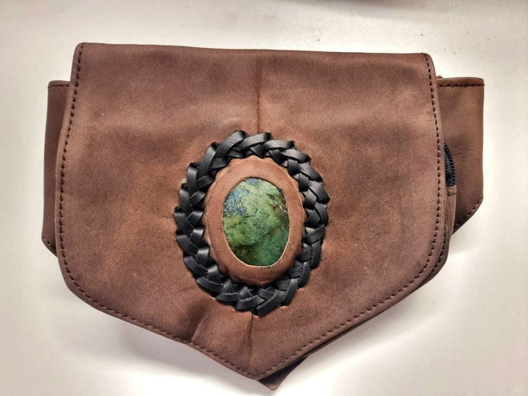 Leather Festival Bum Bag with Rock Crystal, Black Brown Boho Hippie Fanny Pack, Steampunk Utility Belt