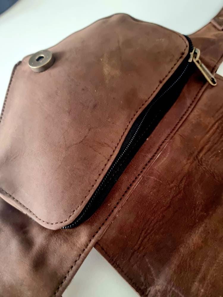 Leather Festival Bum Bag with Rock Crystal, Black Brown Boho Hippie Fanny Pack, Steampunk Utility Belt