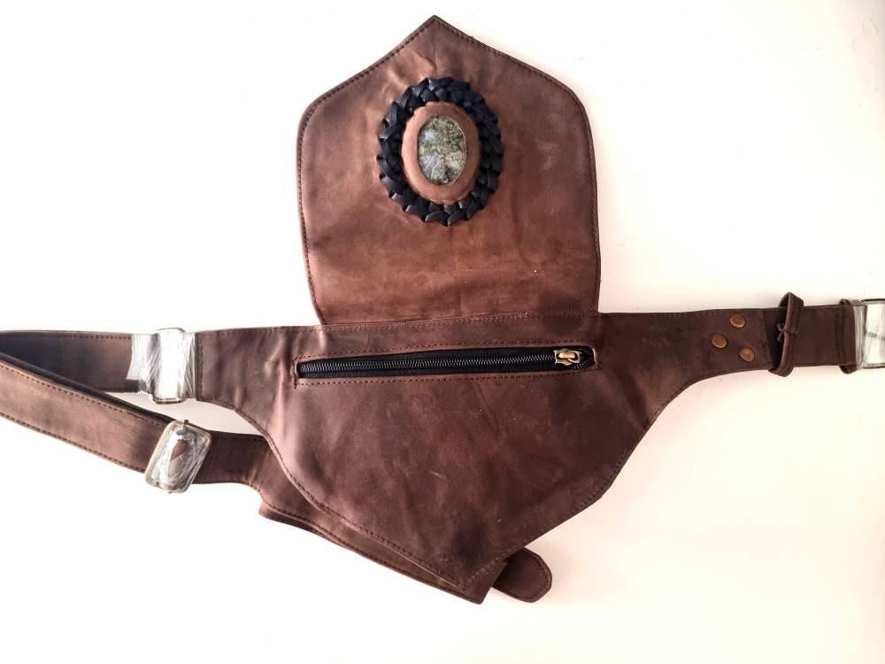 Leather Festival Bum Bag with Rock Crystal, Black Brown Boho Hippie Fanny Pack, Steampunk Utility Belt