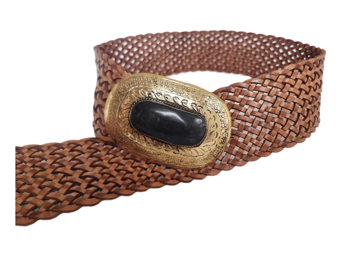 Braided Leather Belt: Wide Boho Waist Belt with Engraved Buckle