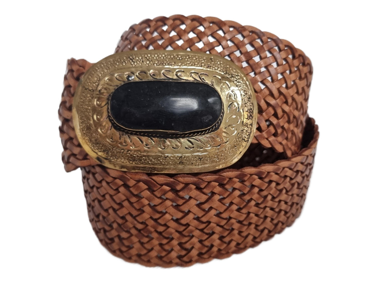 Braided Leather Belt: Wide Boho Waist Belt with Engraved Buckle
