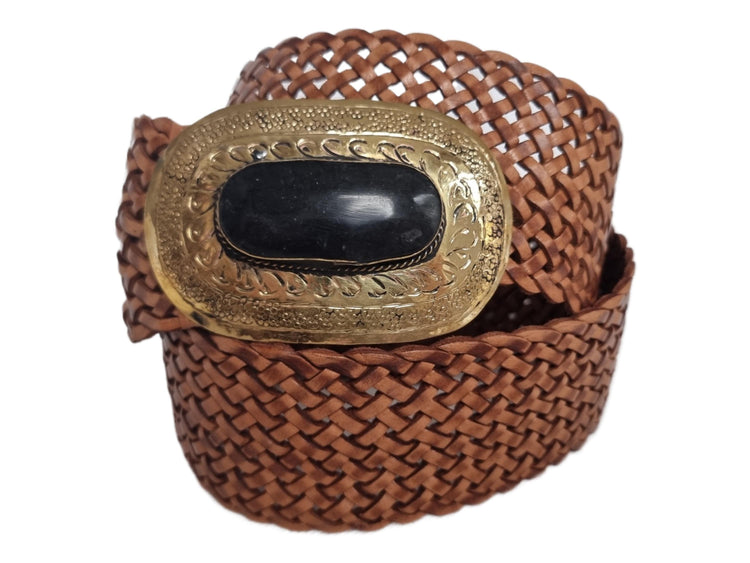 Braided Leather Belt: Wide Boho Waist Belt with Engraved Buckle