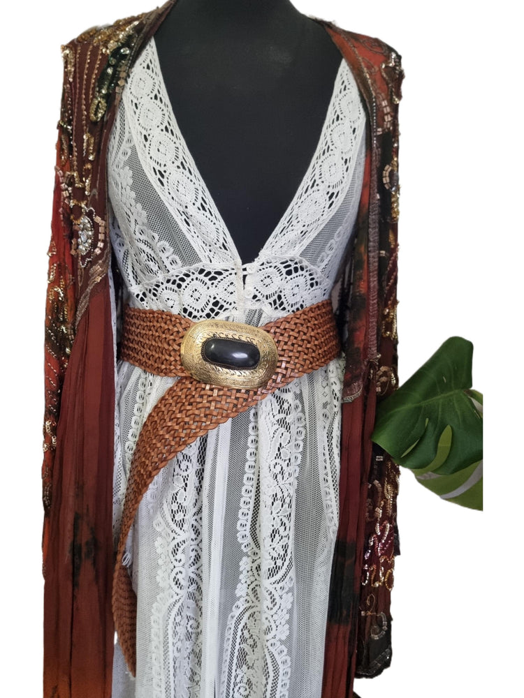 Braided Leather Belt: Wide Boho Waist Belt with Engraved Buckle