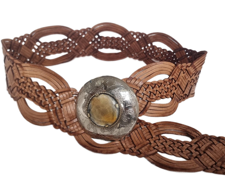 Braided Leather Boho Belt: Engraved Buckle, Animal Horn Stone