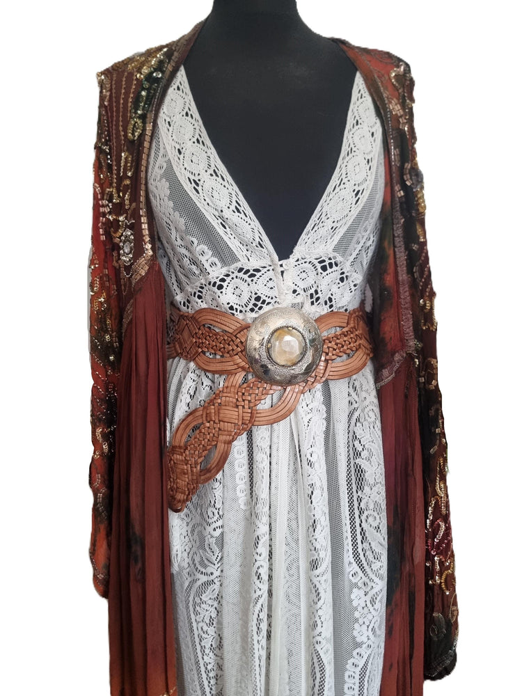 Braided Leather Boho Belt: Engraved Buckle, Animal Horn Stone