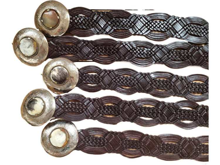 Braided Leather Boho Belt: Engraved Buckle, Animal Horn Stone