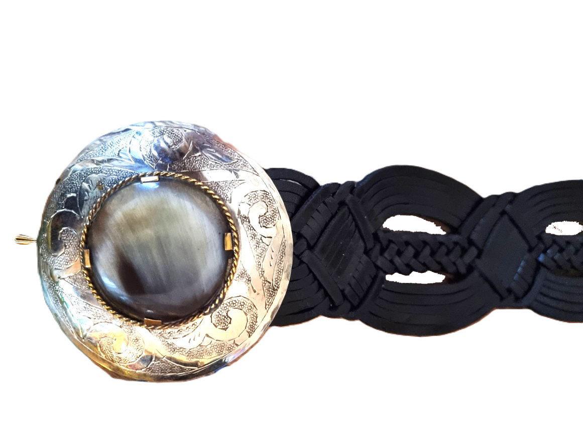 Braided Leather Boho Belt: Engraved Buckle, Animal Horn Stone