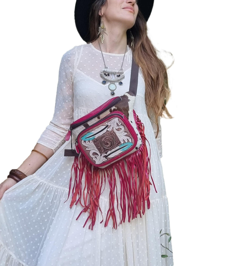 Hand Tooled Pink Leather Fanny Pack: Western Cowhide Fringe Bag