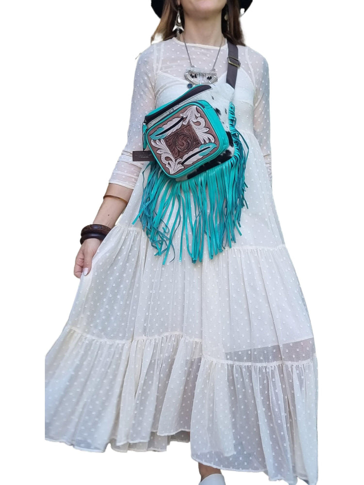 Hand Tooled Pink Leather Fanny Pack: Western Cowhide Fringe Bag