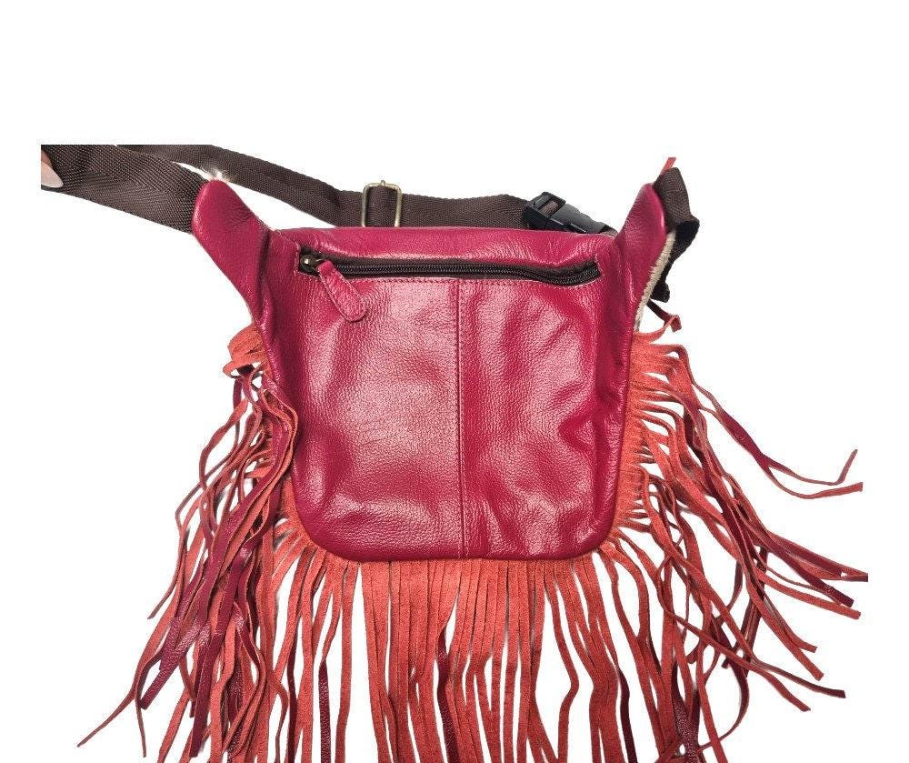 Hand Tooled Pink Leather Fanny Pack: Western Cowhide Fringe Bag