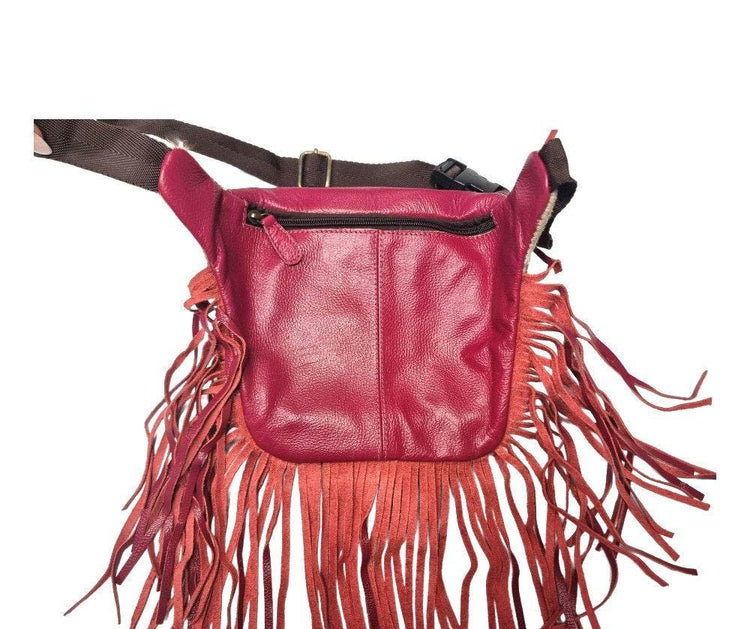 Hand Tooled Pink Leather Fanny Pack: Western Cowhide Fringe Bag
