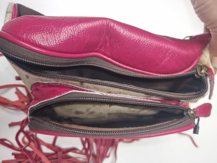 Hand Tooled Pink Leather Fanny Pack: Western Cowhide Fringe Bag
