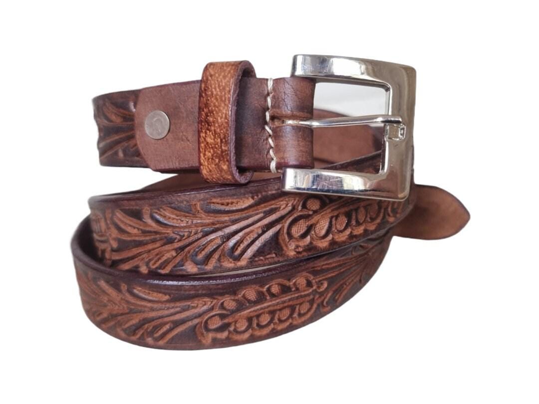 Hand Tooled Skinny Leather Belt | Western Women’s Belt | Dark Brown Boho Waist Belt | Handmade Cowgirl Fashion Accessory