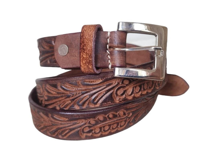 Hand Tooled Skinny Leather Belt | Western Women’s Belt | Dark Brown Boho Waist Belt | Handmade Cowgirl Fashion Accessory
