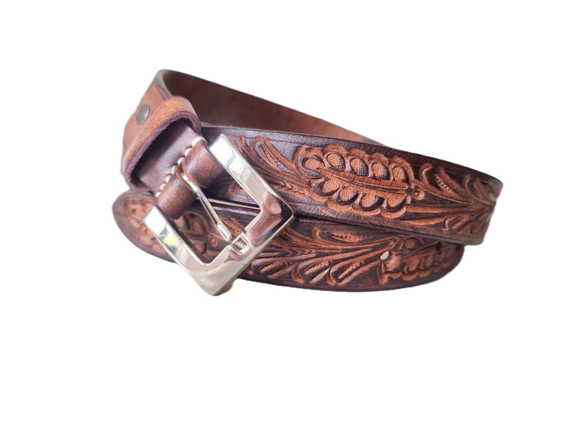 Hand Tooled Skinny Leather Belt | Western Women’s Belt | Dark Brown Boho Waist Belt | Handmade Cowgirl Fashion Accessory