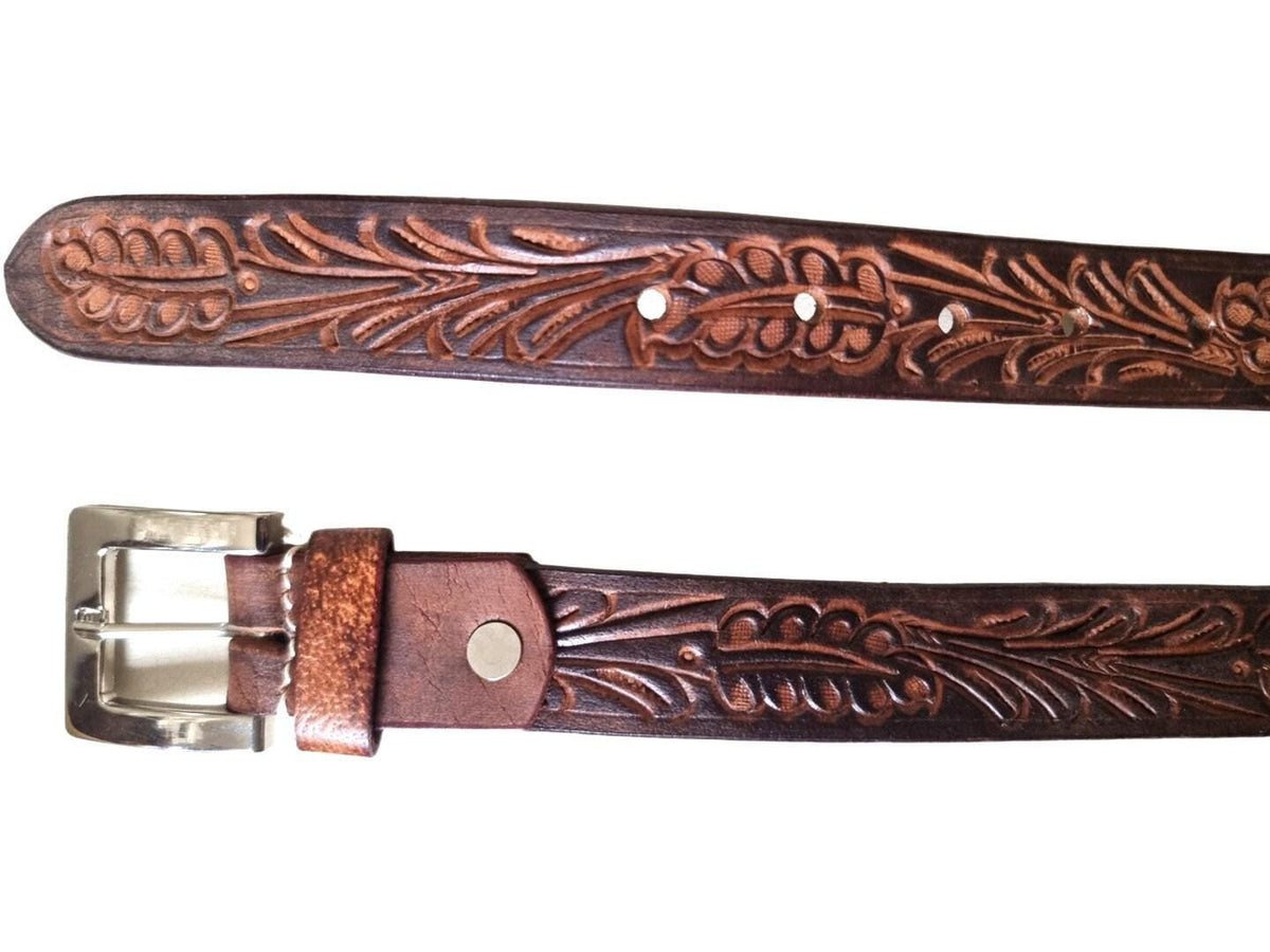 Hand Tooled Skinny Leather Belt | Western Women’s Belt | Dark Brown Boho Waist Belt | Handmade Cowgirl Fashion Accessory