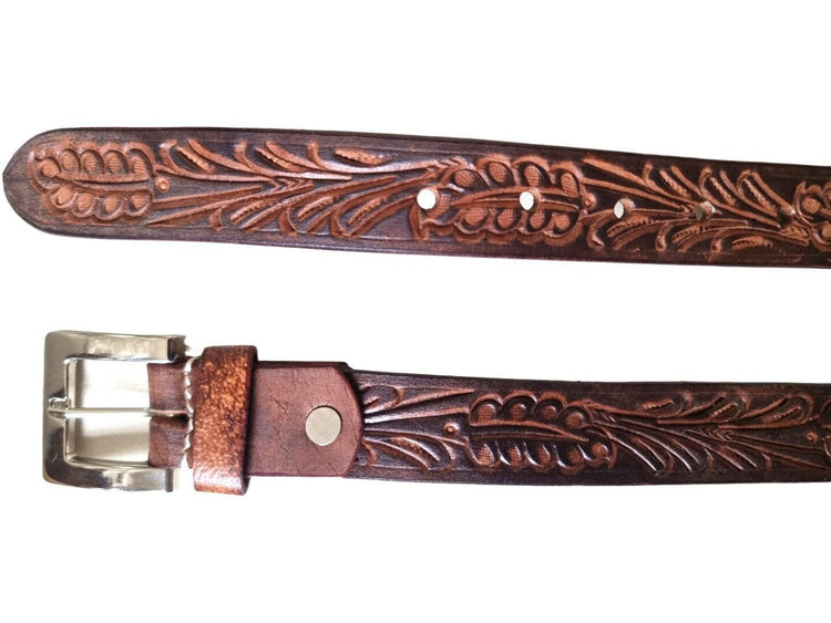 Hand Tooled Skinny Leather Belt | Western Women’s Belt | Dark Brown Boho Waist Belt | Handmade Cowgirl Fashion Accessory