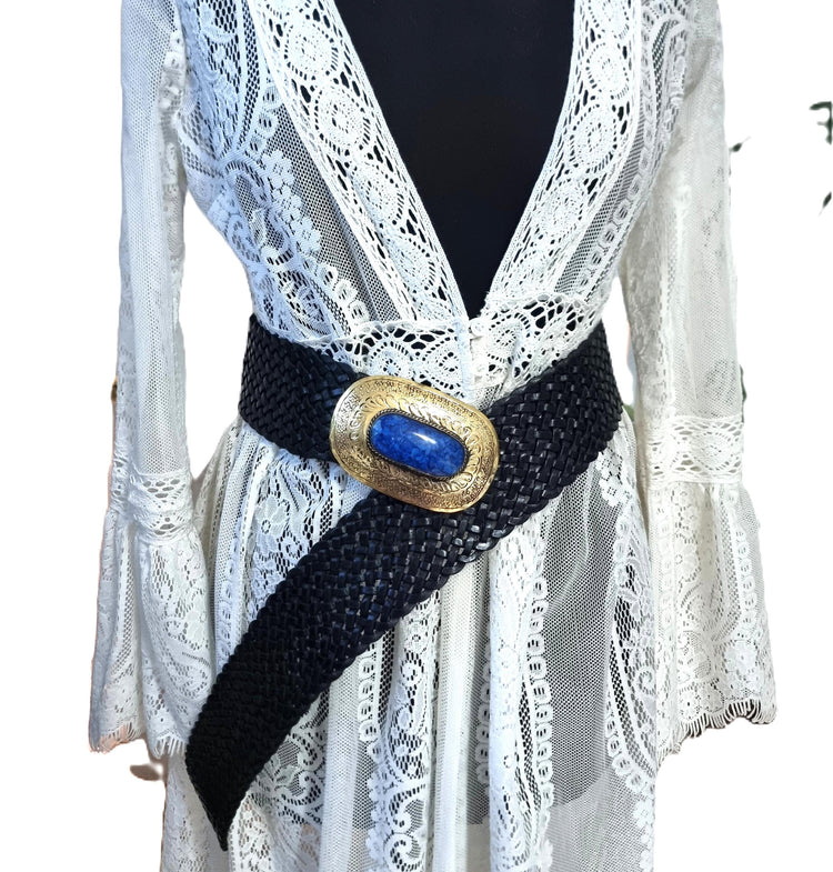 Braided Leather Corset Belt: Boho Western Style with Engraved Gold Buckle
