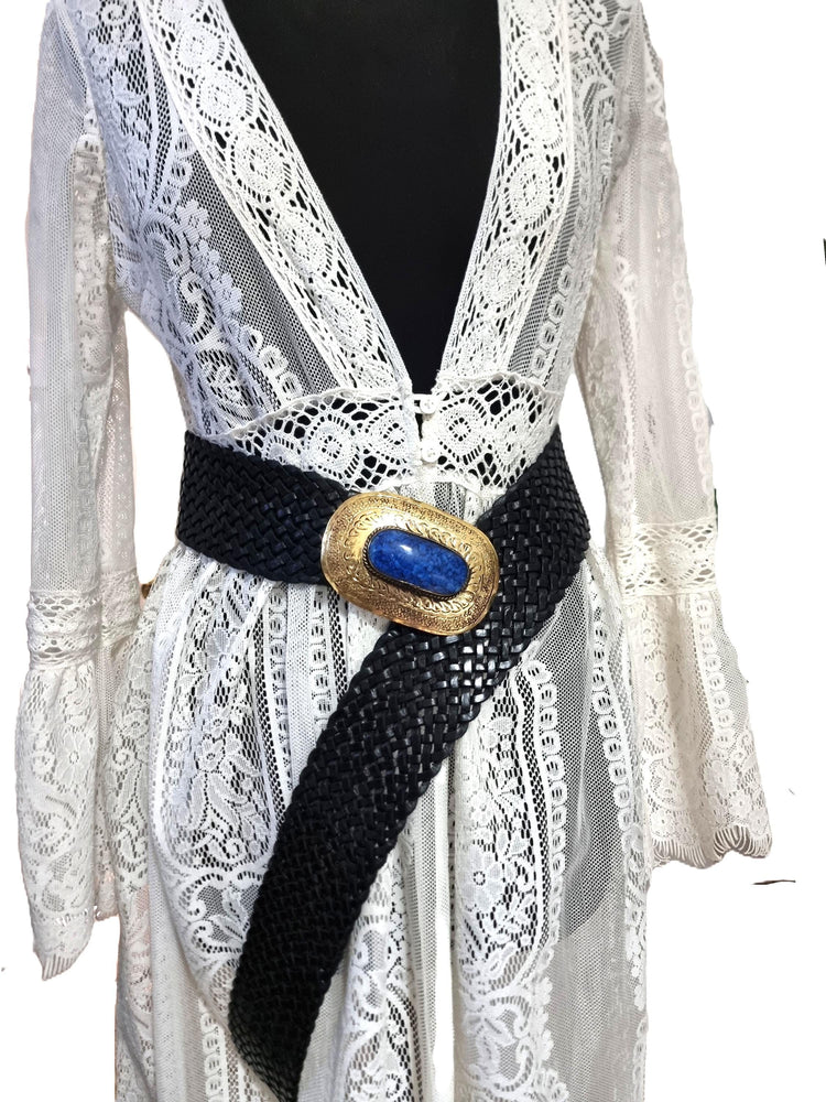 Braided Leather Corset Belt: Boho Western Style with Engraved Gold Buckle
