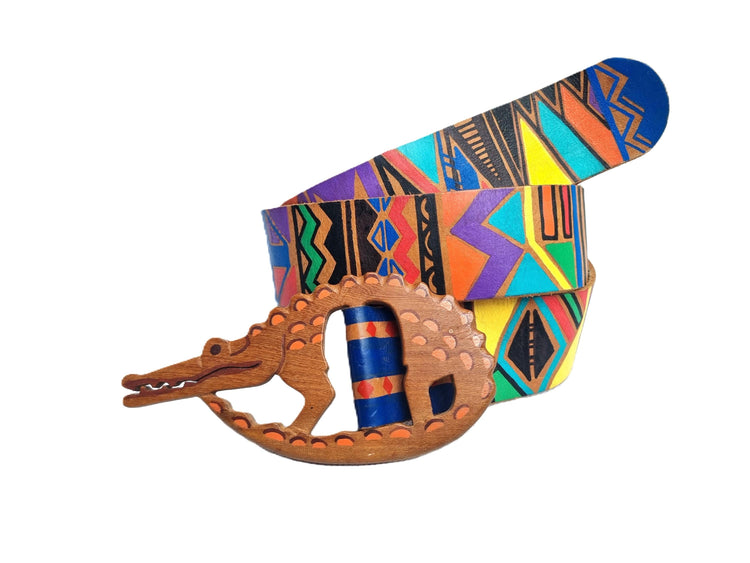 Hand Painted Leather Belt with Wooden Crocodile Buckle – Boho Statement Waist Belt, Colorful Geometric Artisan Belt, Festival Gift for Her