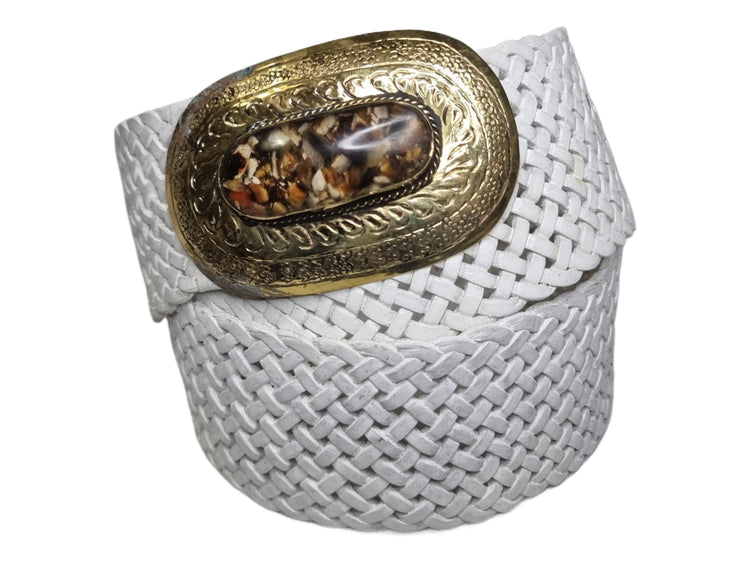 Handcrafted White Leather Boho Belt: Engraved Gold Western Buckle