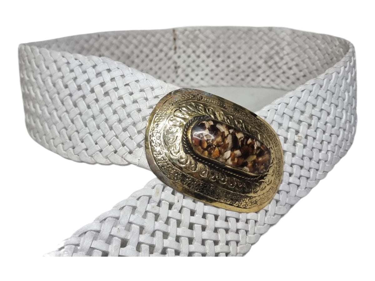 Handcrafted White Leather Boho Belt: Engraved Gold Western Buckle