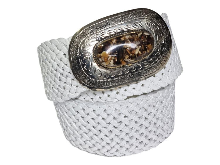 Handcrafted White Leather Boho Belt: Engraved Gold Western Buckle
