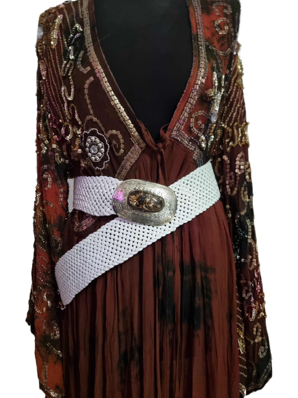 Handcrafted White Leather Boho Belt: Engraved Gold Western Buckle