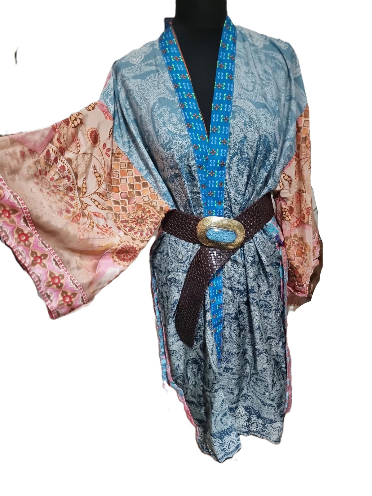 Handmade Silk Patchwork Kimono: Boho Festival Jacket, Beach Cover-Up