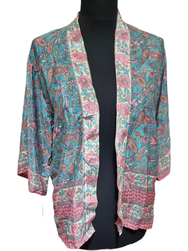 Boho Silk Kimono Jacket, Patchwork Floral Kimono, Handmade Indian Silk Jacket, Festival Cover Up, Hippie Beachwear, Summer Cardigan