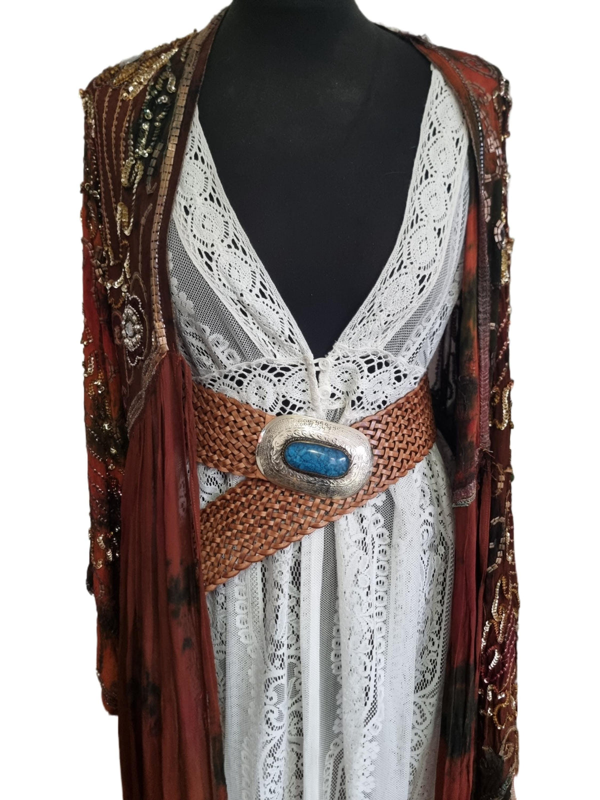 Handwoven Leather Belt: Wide Western Boho Belt with Blue Stone Buckle