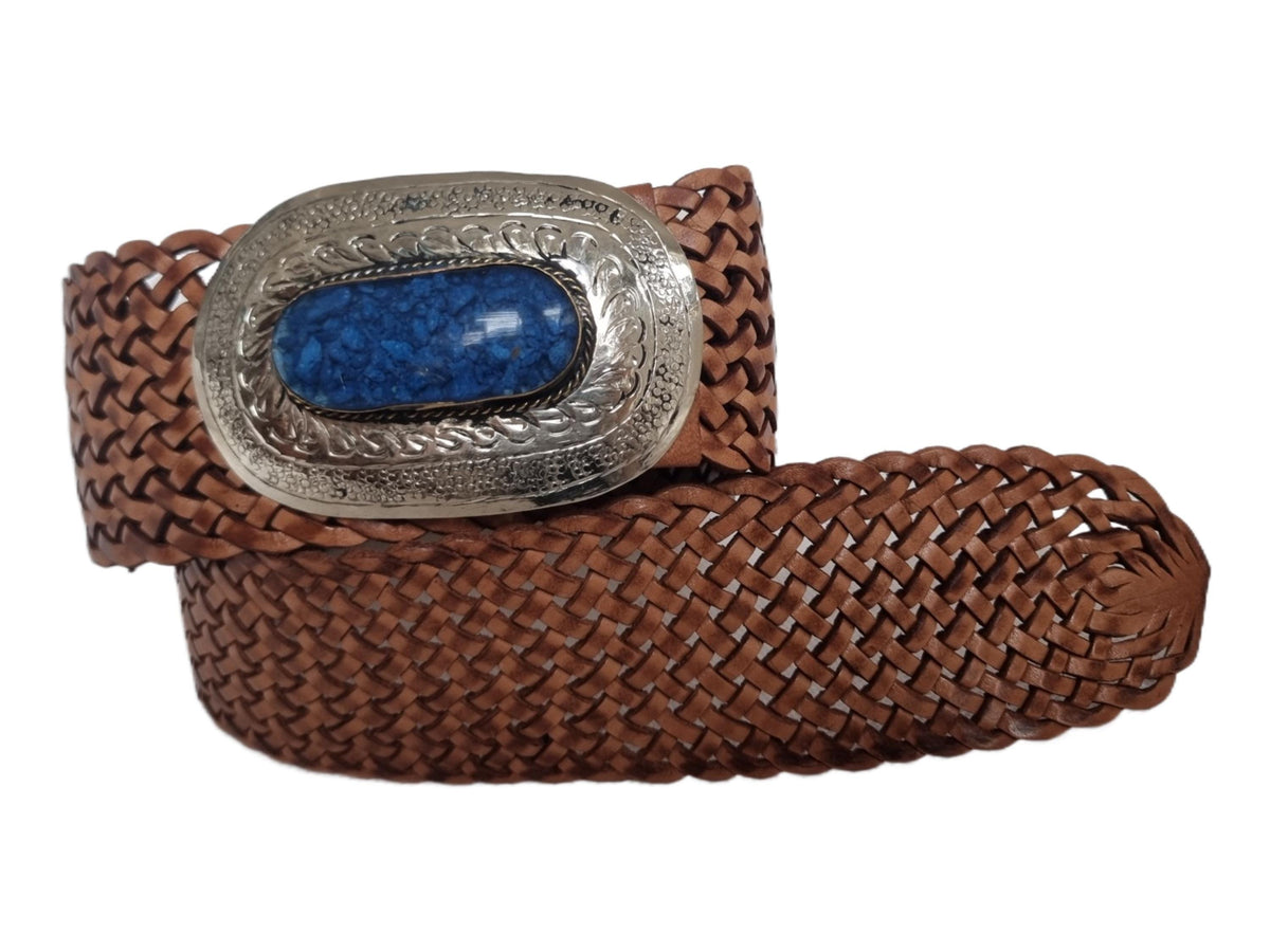 Handwoven Leather Belt: Wide Western Boho Belt with Blue Stone Buckle