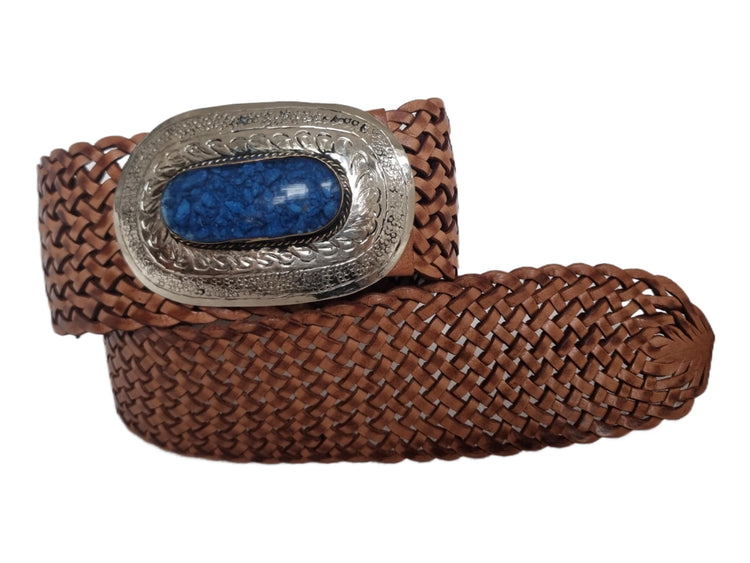 Handwoven Leather Belt: Wide Western Boho Belt with Blue Stone Buckle