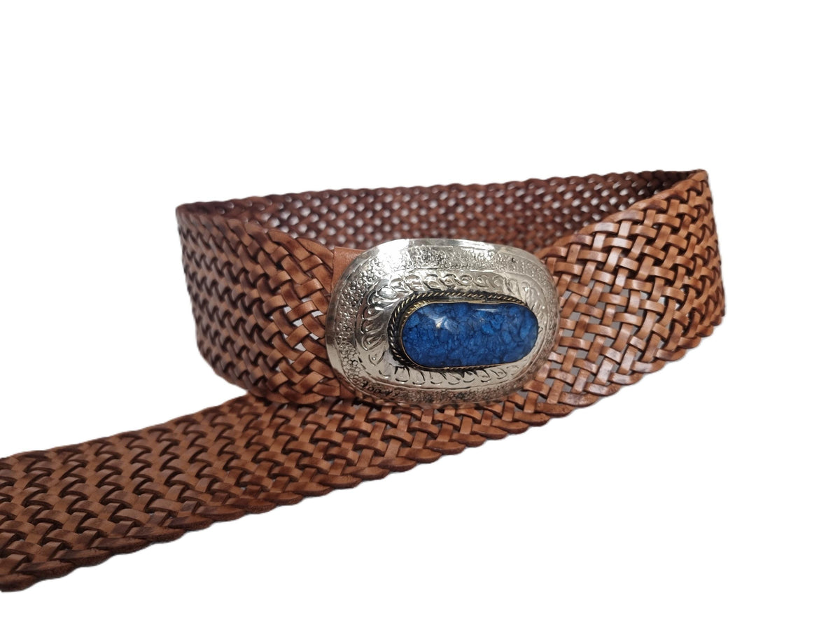 Handwoven Leather Belt: Wide Western Boho Belt with Blue Stone Buckle