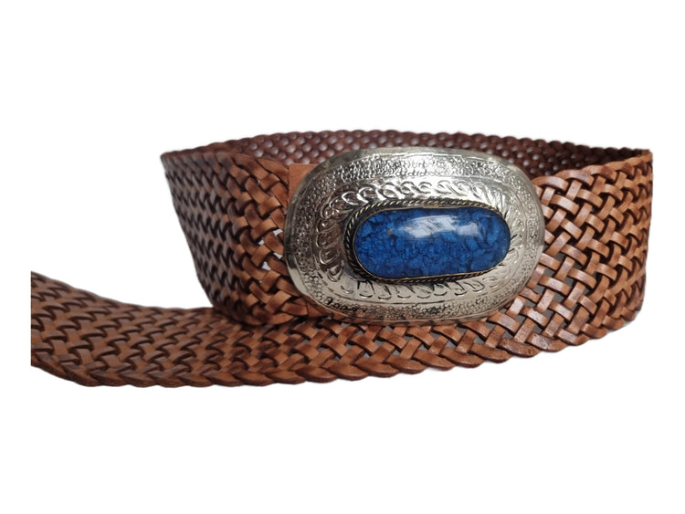 Handwoven Leather Belt: Wide Western Boho Belt with Blue Stone Buckle
