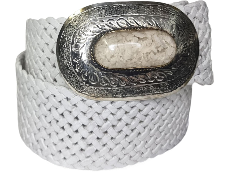 Woven White Leather Boho Belt: Silver Buckle, Moroccan Design
