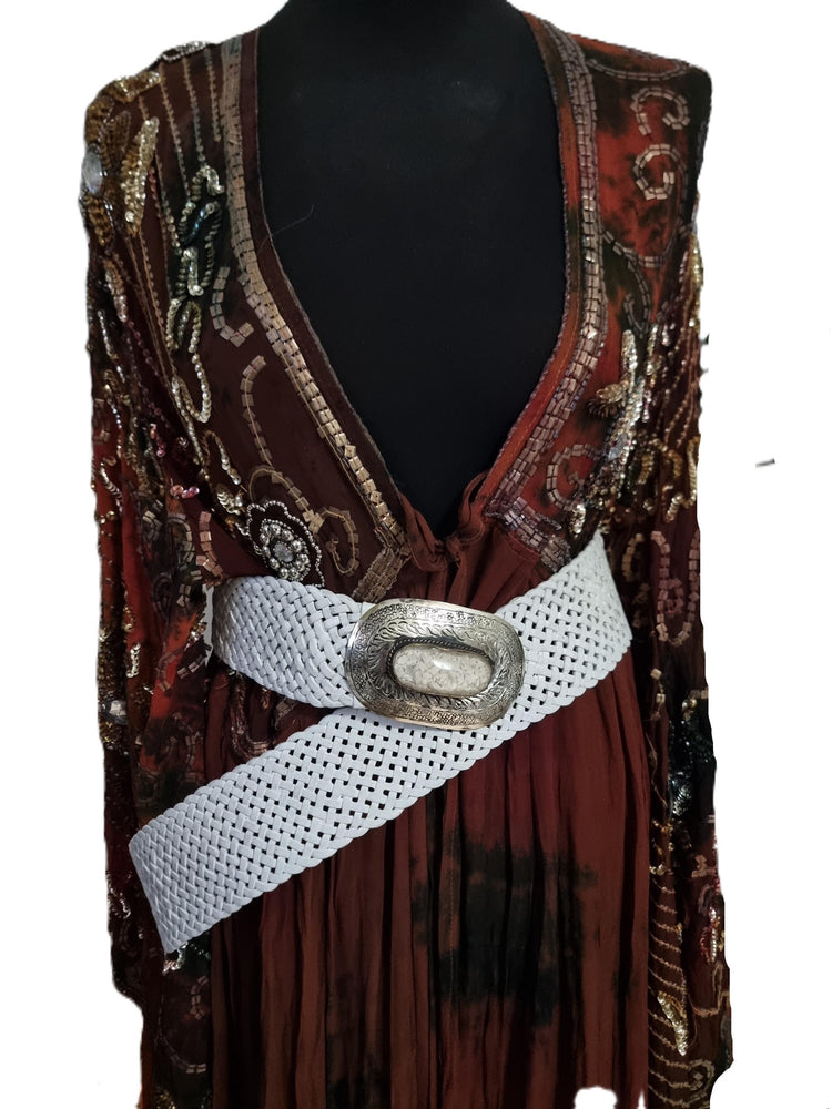 Woven White Leather Boho Belt: Silver Buckle, Moroccan Design