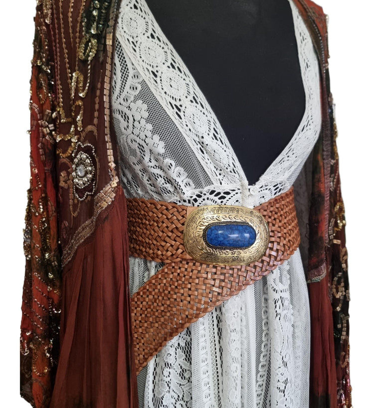 Handwoven Leather Western Belt: Tan Brown Boho Waist Belt with Blue Stone Buckle