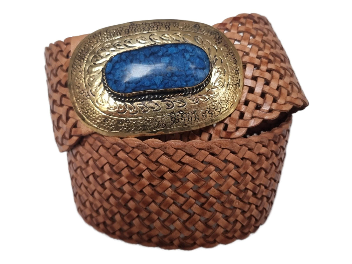 Handwoven Leather Western Belt: Tan Brown Boho Waist Belt with Blue Stone Buckle